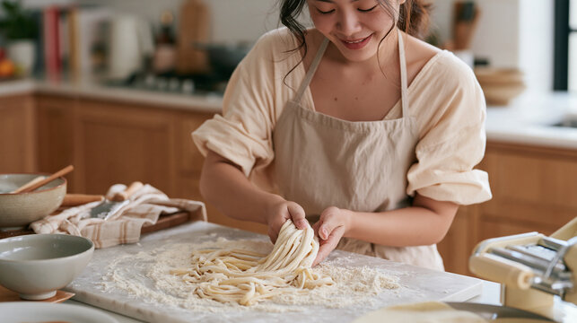 a Thai university student making bucatini pasta from scratch on a marble bench, flour everywhere, hand-cranked pasta machine, celebrating national pasta day at home, amateur chef,