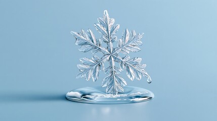 Obraz premium Humorous Christmas photo of a melting snowflake with droplet tear, pastel blue wall.