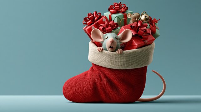 Humorous Christmas photo of a toy mouse peeking out of an overflowing stocking, pastel blue wall.