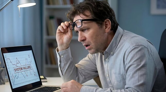 A frustrated and stressed man in a gray shirt is looking at a laptop screen displaying a system failure message and a downwardtrending chart in an office