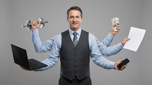 A mature businessman with multiple arms juggling work, fitness, money, and tasks, symbolizing multitasking and work life balance