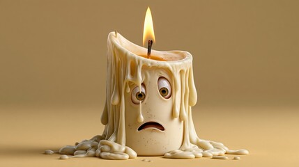 Fototapeta premium Funny Christmas photo of a panicked candle burning too fast with dripping wax, pastel yellow wall.