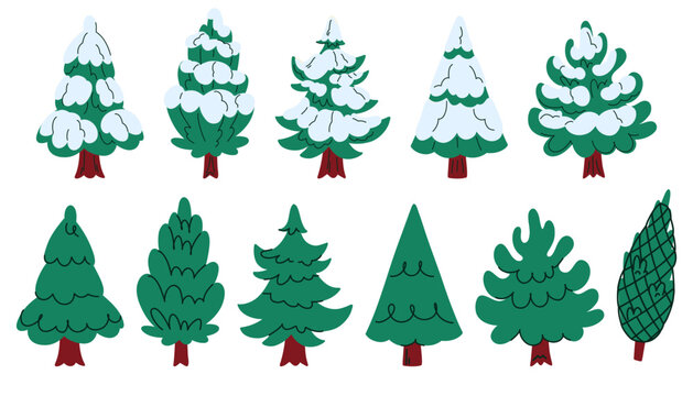 Hand drawn Christmas tree collection with cute decorated fir trees, snowy trees and festive holiday designs for Christmas cards, children books, stickers, posters and seasonal decoration