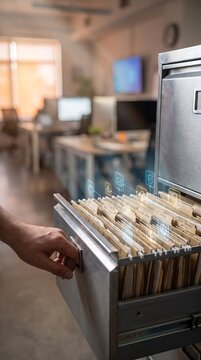 Close Up of a Person's Hand Opening a Metal Filing Cabinet Drawer Packed With Manila Folders in a Blurred Modern Office Setting Representing Corporate Archiving and Data Management.
