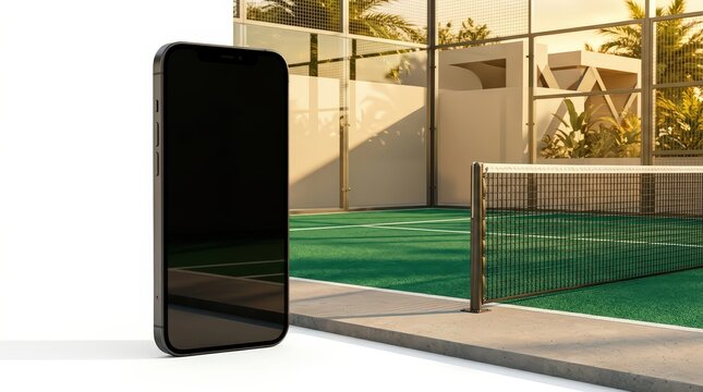 Smartphone Mockup with Blank Screen Standing on Concrete at Outdoor Padel Court, Sports and Digital Lifestyle