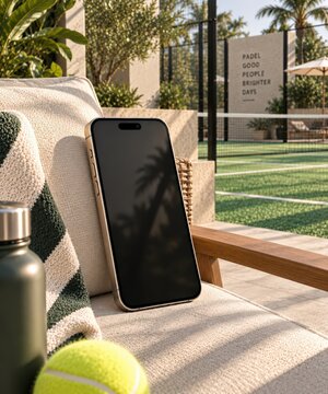 Smartphone Mockup Displaying Blank Screen on Outdoor Chair with Padel Ball and Water Bottle, Sporty Leisure Scene