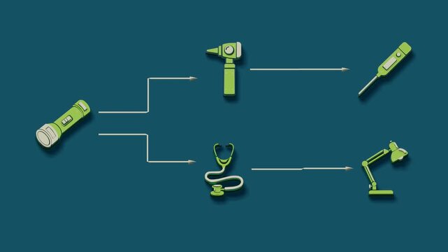 A veterinary examination separates sensory inspection from cardiopulmonary listening and temperature assessment to complete an animal health checkup. Flat 3D style with smooth matte surfaces.