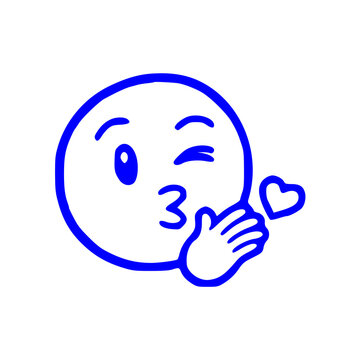 A blue outline illustration of a circular face blowing a kiss, featuring a winking expression, puckered lips, and a small heart icon.