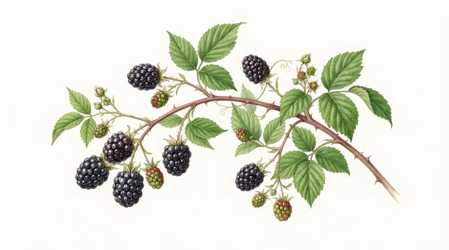 Detailed botanical illustration of a wild blackberry branch, showcasing ripe dark berries, developing green fruits, and vibrant foliage, ideal for natural food and plant designs