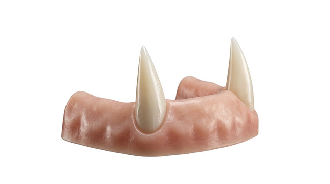 Vampire fangs plastic costume accessory, realistic monster teeth with pink gums, spooky halloween party prop for cosplay and dress up isolated PNG with Transparent Background
