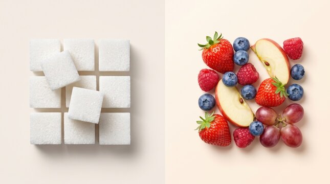 White sugar cubes beside fresh berries and sliced apple, illustrating the contrast between refined sugar and naturally sweet fruit, healthy nutrition and dietary choices