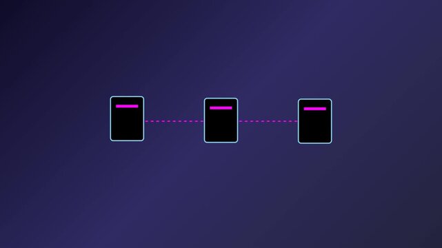 A clean digital representation of three server nodes linked in a sequence. The design features a dark purple background with neon magenta accents, symbolizing data flow, cloud hosting, and interconnec