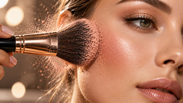 Professional makeup brush applying loose powder to a woman&rsquo;s cheek in a detailed beauty close-up with warm studio lighting