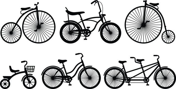 Bicycle silhouette collection featuring vintage penny farthings, retro cruiser bikes, modern city two wheelers, tandem cycles, and children tricycle vector illustrations.