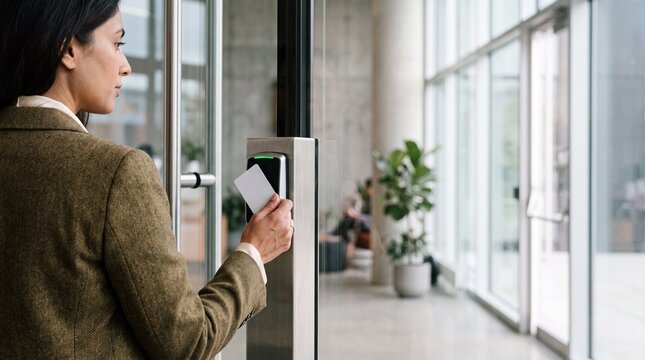 Businesswoman scanning keycard on modern electronic door reader in office entrance. Corporate worker unlocking smart security system with access badge to enter commercial building.