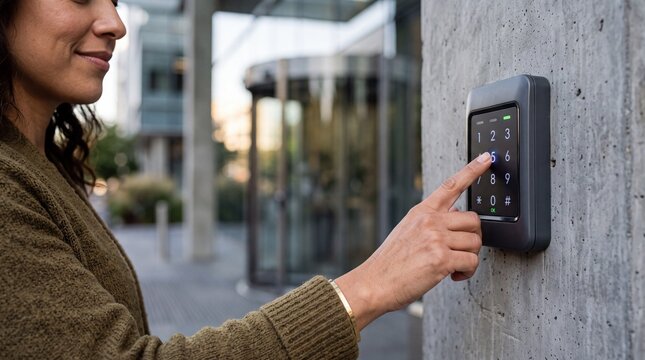 Female employee entering passcode on electronic keypad on concrete wall outside office. Adult hispanic woman unlocking building door using modern security system during morning routine.