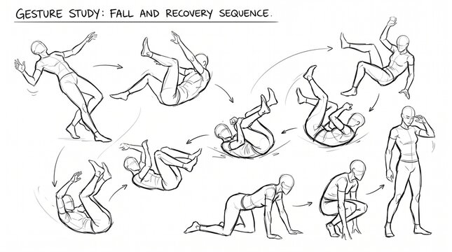 Anatomical gesture drawing sequence showing a human figure falling and recovering to a standing position.