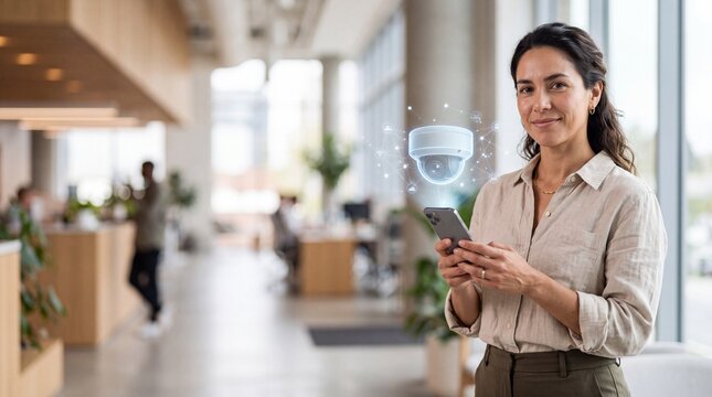 Manager holding smartphone with holographic surveillance camera in office. Hispanic businesswoman monitoring wireless security system in corporate workplace.