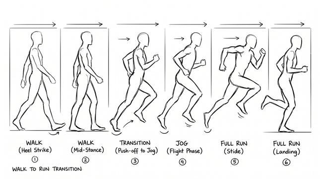 Anatomical sketch showing the step by step transition from walking to running motion.
