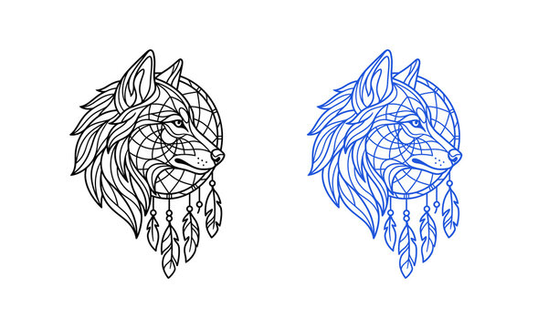 Wolf head silhouette with dreamcatcher and feathers in detailed line art style