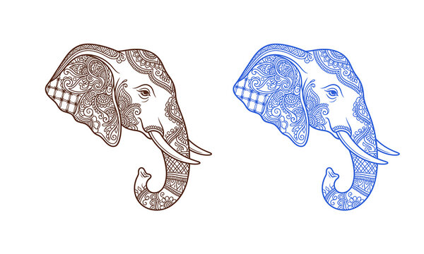 Ornamental elephant head portrait with intricate paisley and floral henna patterns