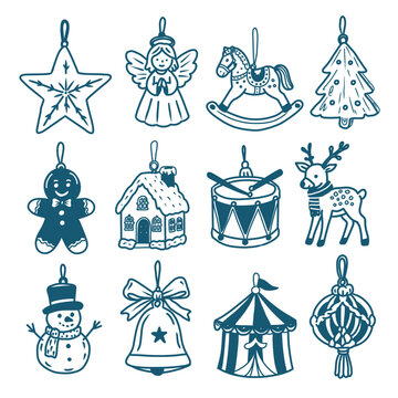 Hand drawn Christmas ornament collection featuring a star, angel, rocking horse, tree, gingerbread man, snowman, bell, drum, reindeer and festive baubles in blue.
