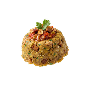 Puerto Rican mofongo topped with a savory red sauce and garlic chips isolated PNG. Traditional Puerto Rican dish isolated