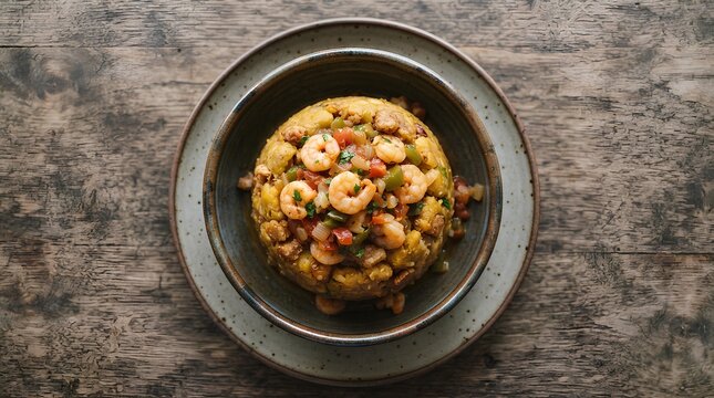 Traditional Puerto Rican Mofongo topped with garlic shrimp in a bowl