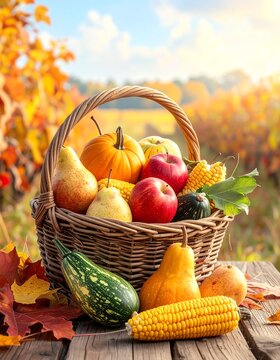 Abundant Autumn Harvest Basket with Seasonal Fruits and Vegetables