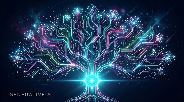 Glowing digital tree of life concept art representing generative artificial intelligence, neural networks, and modern data technology with vibrant neon lights and binary code
