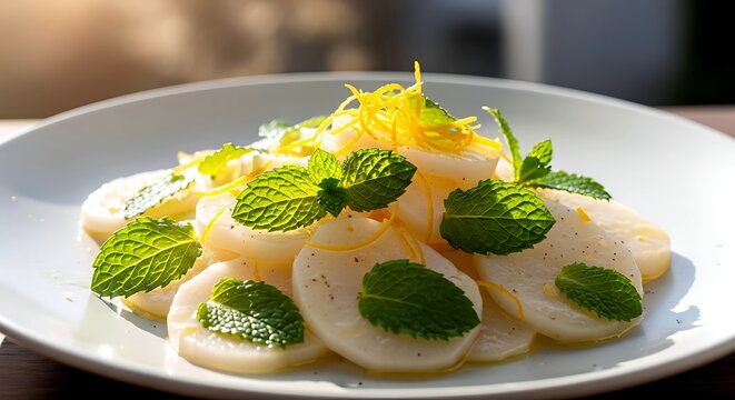 Summer yacon salad, fresh thin yacon slices with mint and yuzu zest, refreshing summer Japanese dish 