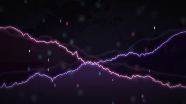 Pink and purple stock chart lines moving across dark world map, crossing financial trend graphs with candlesticks, global market data analysis