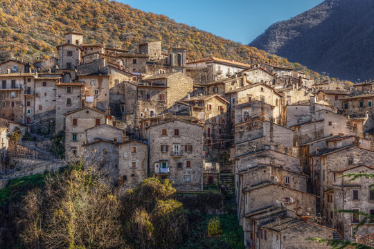 View of the historic stone houses and narrow alleys of the medieval village of Scanno, nestled in the mountains of Scanno, Abruzzo, Italy.