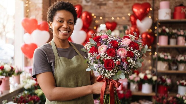 Happy Black woman florist in green apron holding heart shaped rose bouquet for Saint Valentines Day boutique store advertisement, flower preorder marketing, local shop banner promo campaign