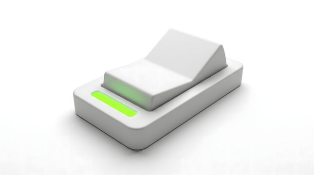 3D render of a minimalist toggle switch button in ON position with glowing green light