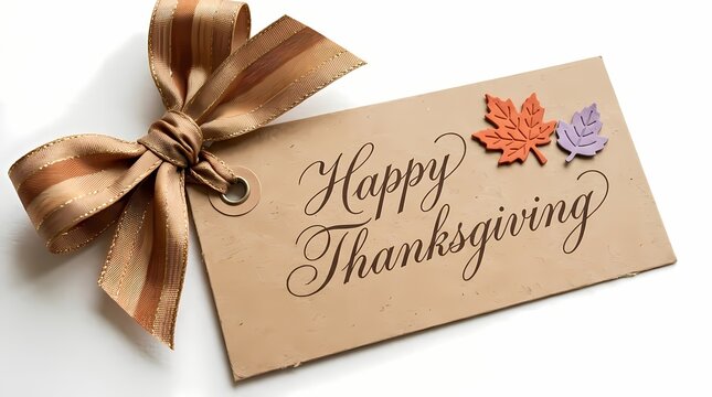 Happy Thanksgiving Gift Tag. Rustic Greeting Card with Ribbon and Autumn Leaf. Festive Holiday Decoration. Elegant Vintage Style