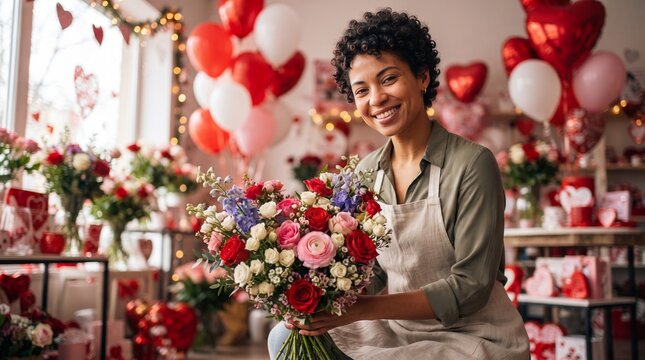 Joyful female florist with curly hair holding bouquet for Valentines Day sale campaign, ideal for flower shop advertising, bouquet preorder promotion, floral delivery business.