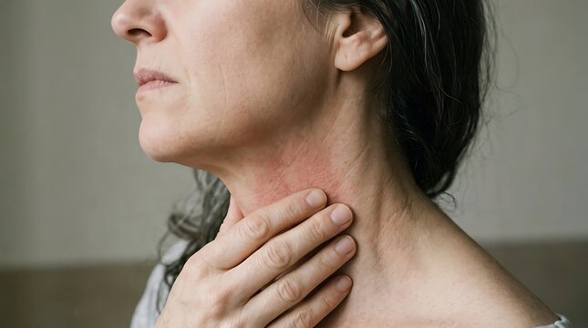 A mature woman with a red rash and skin irritation on her neck