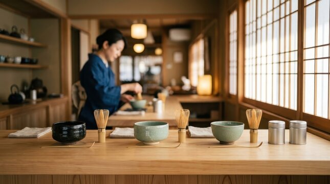 Japanese woman preparing matcha tea ceremony in traditional teahouse interior