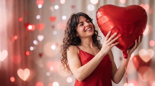 Joyful brunette woman in silk dress holding red heart balloon for Valentine's Day party promo, romantic party venue or gift shop commercial background