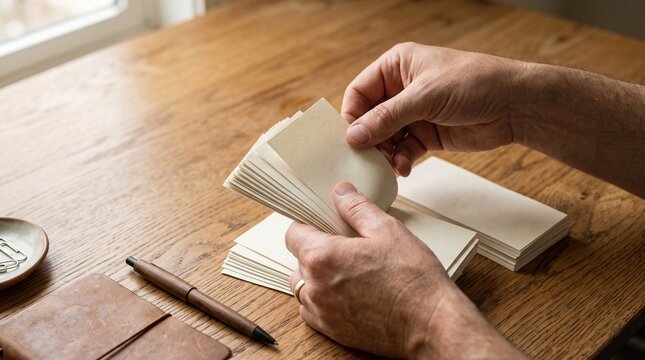 A person sorting through a stack of blank index cards at a wooden desk, organizing notes with a pen and leather notebook nearby