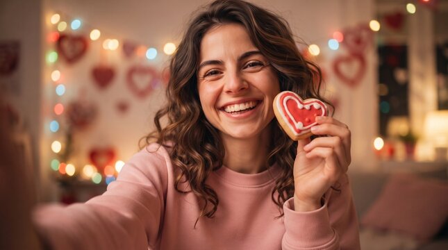 Happy brunette girl taking selfie holding heart shaped gingerbread cookie for bakery promo banner on Valentines Day, cheerful young woman celebrating holiday with sweet gift advertisement background