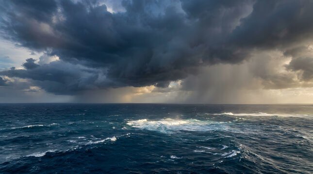 Rain shaft descending from dark storm clouds over turbulent ocean waves