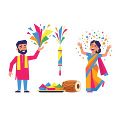Fototapeta premium Couple celebrating holi festival with powder colors and traditional music