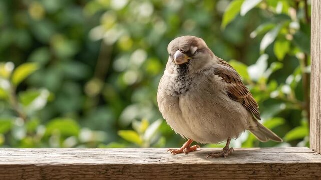 Chubby house sparrow sitting on a wooden window ledge in a peaceful garden