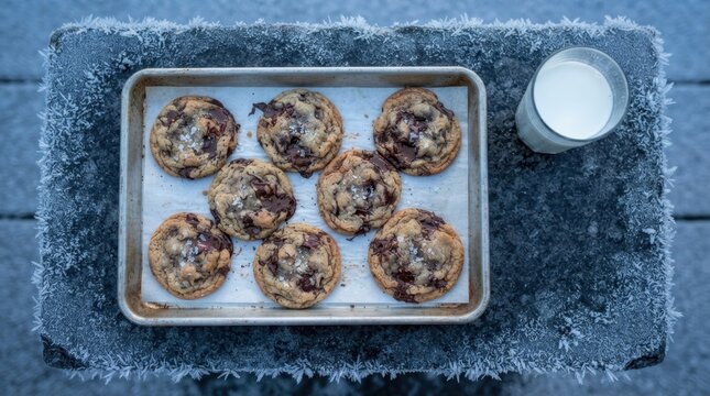 Fresh chocolate chip cookies on a baking sheet with a glass of milk