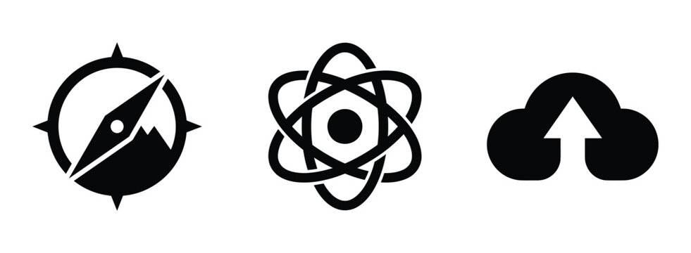 Collection of three black including a navigation compass, an atomic structure with orbiting electrons, and a cloud with an upward pointing arrow, isolated on a white background, for web