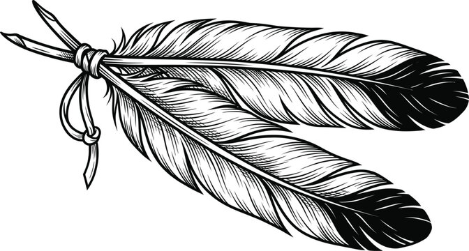 Detailed black and white vector illustration of two natural bird feathers tied together with a decorative leather string for a clean rustic tribal graphic design