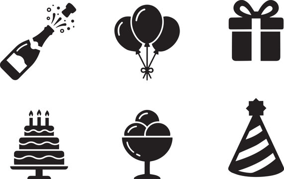 Set of black and white party icons featuring celebration elements like cake balloons and gifts