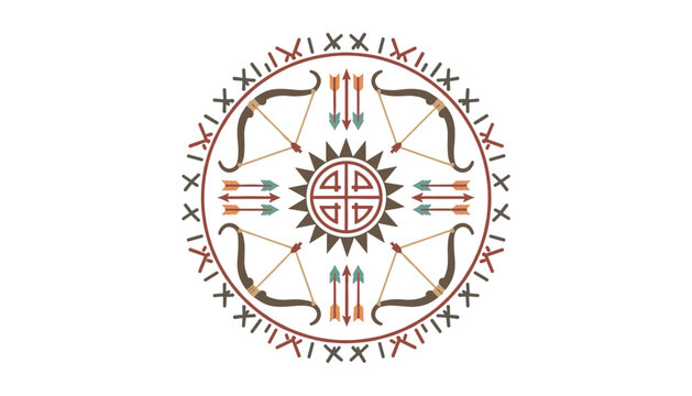 Round Native American style mandala design featuring bows, hunting arrows, a central sun symbol, and geometric runic patterns.